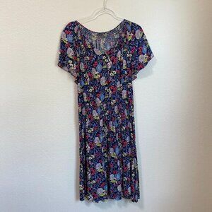 Talbots Pretty Navy Butterflies & Floral Tea Length Elastic Waist Dress